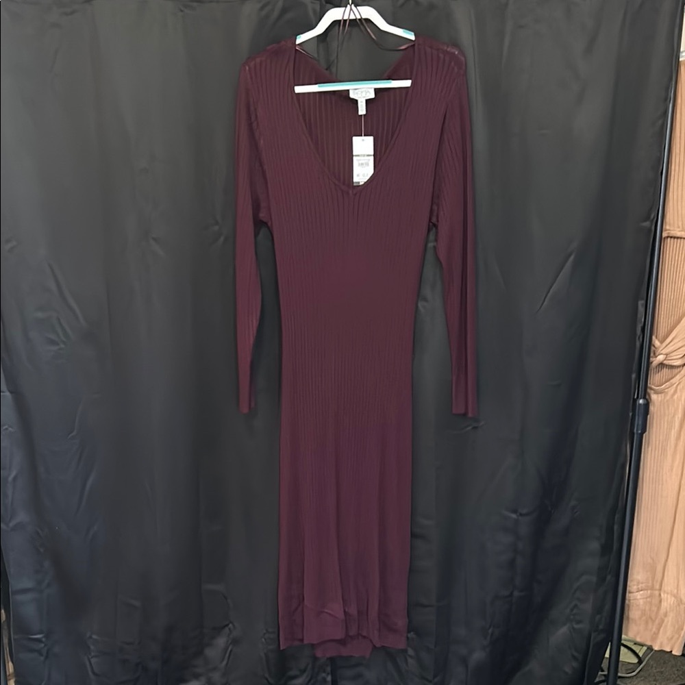 Burgandy/Maroon rear Plunge V-Neck Long Sleeve sweater knit bodycon Dress